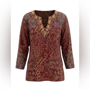 SOFT SURROUNDINGS WOMENS V NECK BLOUSE SIZE PXL TED MULTICOLORED DESIGN